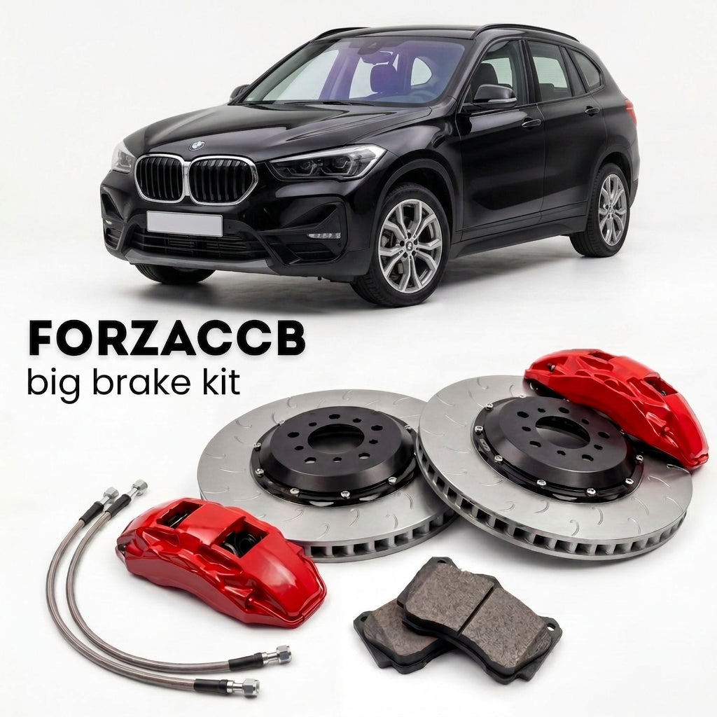 Black BMW X1 F48 (2015-2022) shown above a ForzaCCB iron rotor big brake kit with 2x red 6-piston front calipers, 2x two-piece floating ventilated brake discs 380 mm, set of brake pads, and brake lines.