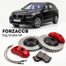 Black BMW X1 F48 (2015-2022) shown above a ForzaCCB iron rotor big brake kit with 2x red 6-piston front calipers, 2x two-piece floating ventilated brake discs 380 mm, set of brake pads, and brake lines.