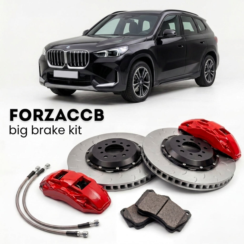 Black BMW X1 U11 (2022+) shown above a ForzaCCB iron rotor big brake kit with 2x red 6-piston front calipers, 2x two-piece floating ventilated brake discs 380 mm, set of brake pads, and brake lines.