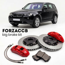 Black BMW X3 E83 (2005-2010) shown above a ForzaCCB iron rotor big brake kit with 2x red 6-piston front calipers, 2x two-piece floating ventilated brake discs 380 mm, set of brake pads, and brake lines.