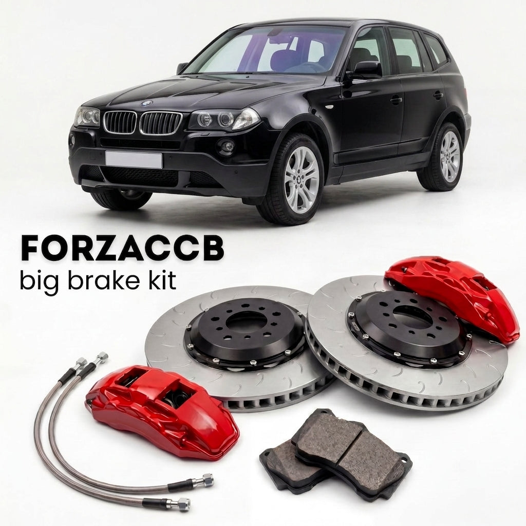 Black BMW X3 E83 (2005-2010) shown above a ForzaCCB iron rotor big brake kit with 2x red 6-piston front calipers, 2x two-piece floating ventilated brake discs 380 mm, set of brake pads, and brake lines.
