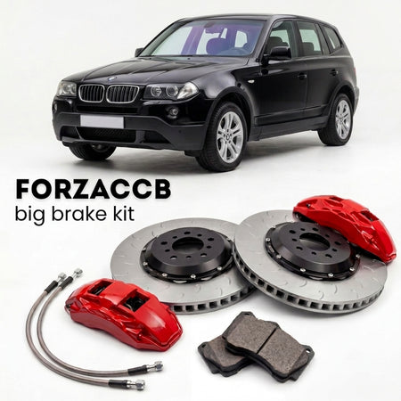 Black BMW X3 E83 (2005-2010) shown above a ForzaCCB iron rotor big brake kit with 2x red 6-piston front calipers, 2x two-piece floating ventilated brake discs 380 mm, set of brake pads, and brake lines.