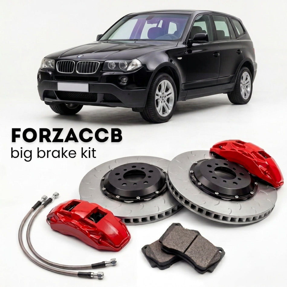 Black BMW X3 E83 (2005-2010) shown above a ForzaCCB iron rotor big brake kit with 2x red 6-piston front calipers, 2x two-piece floating ventilated brake discs 380 mm, set of brake pads, and brake lines.