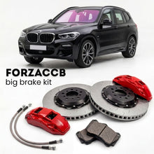 Black BMW X3 G01 (2017-2024) shown above a ForzaCCB iron rotor big brake kit with 2x red 6-piston front calipers, 2x two-piece floating ventilated brake discs 380 mm, set of brake pads, and brake lines.