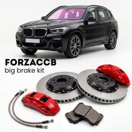 Black BMW X3 G01 (2017-2024) shown above a ForzaCCB iron rotor big brake kit with 2x red 6-piston front calipers, 2x two-piece floating ventilated brake discs 380 mm, set of brake pads, and brake lines.