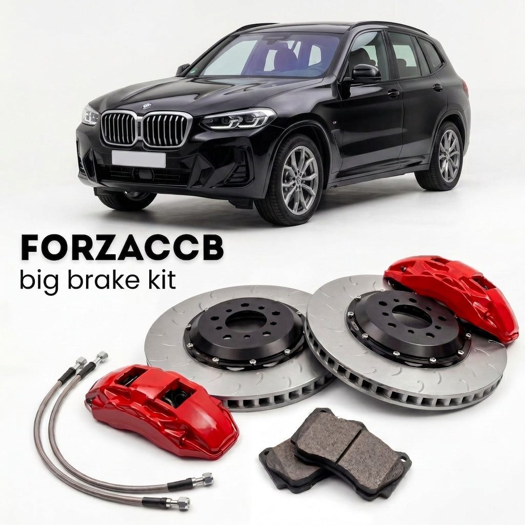 Black BMW X3 G45 (2024+) shown above a ForzaCCB iron rotor big brake kit with 2x red 6-piston front calipers, 2x two-piece floating ventilated brake discs 380 mm, set of brake pads, and brake lines.