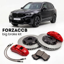 Black BMW X3 M F97 (2019+) shown above a ForzaCCB iron rotor big brake kit with 2x red 6-piston front calipers, 2x two-piece floating ventilated brake discs 380 mm, set of brake pads, and brake lines.