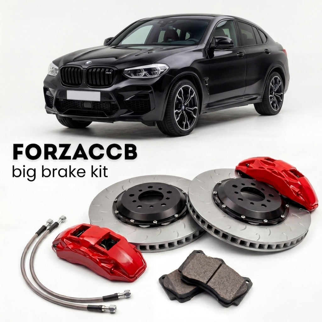 Black BMW X4 M F98 (2019+) shown above a ForzaCCB iron rotor big brake kit with 2x red 6-piston front calipers, 2x two-piece floating ventilated brake discs 380 mm, set of brake pads, and brake lines.