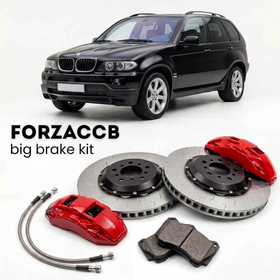 Black BMW X5 E53 (2005-2006) shown above a ForzaCCB iron rotor big brake kit with 2x red 6-piston front calipers, 2x two-piece floating ventilated brake discs 380 mm, set of brake pads, and brake lines.