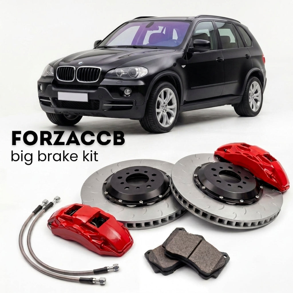 Black BMW X5 E70 (2006-2013) shown above a ForzaCCB iron rotor big brake kit with 2x red 6-piston front calipers, 2x two-piece floating ventilated brake discs 380 mm, set of brake pads, and brake lines.