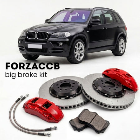 Black BMW X5 E70 (2006-2013) shown above a ForzaCCB iron rotor big brake kit with 2x red 6-piston front calipers, 2x two-piece floating ventilated brake discs 380 mm, set of brake pads, and brake lines.