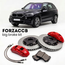 Black BMW X5 F15 (2013-2018) shown above a ForzaCCB iron rotor big brake kit with 2x red 6-piston front calipers, 2x two-piece floating ventilated brake discs 380 mm, set of brake pads, and brake lines.