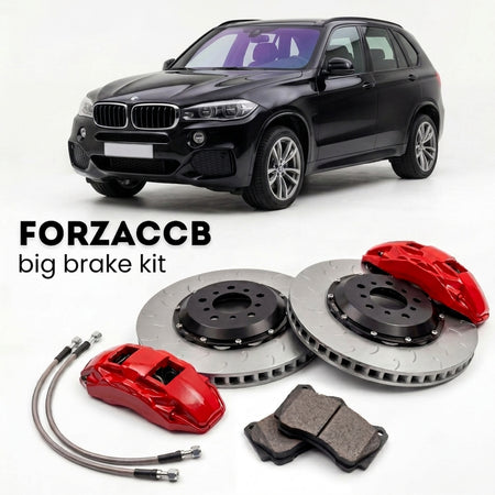 Black BMW X5 F15 (2013-2018) shown above a ForzaCCB iron rotor big brake kit with 2x red 6-piston front calipers, 2x two-piece floating ventilated brake discs 380 mm, set of brake pads, and brake lines.