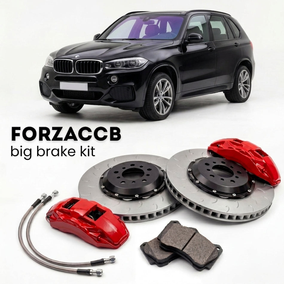 Black BMW X5 F15 (2013-2018) shown above a ForzaCCB iron rotor big brake kit with 2x red 6-piston front calipers, 2x two-piece floating ventilated brake discs 380 mm, set of brake pads, and brake lines.