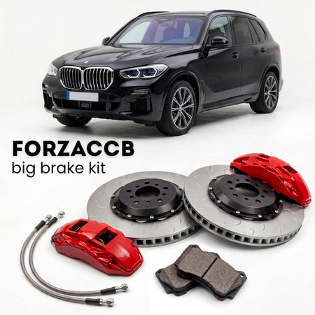 Black BMW X5 G05 (2018+) shown above a ForzaCCB iron rotor big brake kit with 2x red 6-piston front calipers, 2x two-piece floating ventilated brake discs 380 mm, set of brake pads, and brake lines.