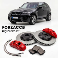 Black BMW X5 M E70 (2010-2013) shown above a ForzaCCB iron rotor big brake kit with 2x red 6-piston front calipers, 2x two-piece floating ventilated brake discs 380 mm, set of brake pads, and brake lines.