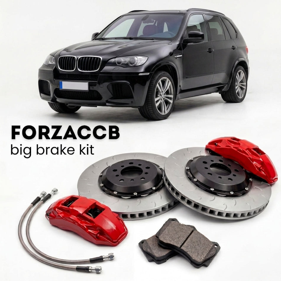 Black BMW X5 M E70 (2010-2013) shown above a ForzaCCB iron rotor big brake kit with 2x red 6-piston front calipers, 2x two-piece floating ventilated brake discs 380 mm, set of brake pads, and brake lines.
