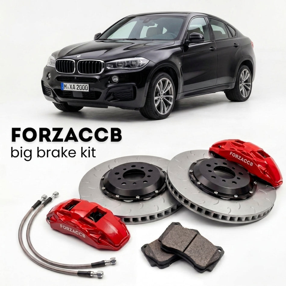 Black BMW X6 F16 (2014-2019) shown above a ForzaCCB iron rotor big brake kit with 2x red 6-piston front calipers, 2x two-piece floating ventilated brake discs 380 mm, set of brake pads, and brake lines.