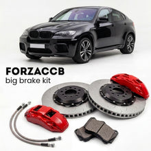 Black BMW X6 M E71 (2009-2014) shown above a ForzaCCB iron rotor big brake kit with 2x red 6-piston front calipers, 2x two-piece floating ventilated brake discs 380 mm, set of brake pads, and brake lines.