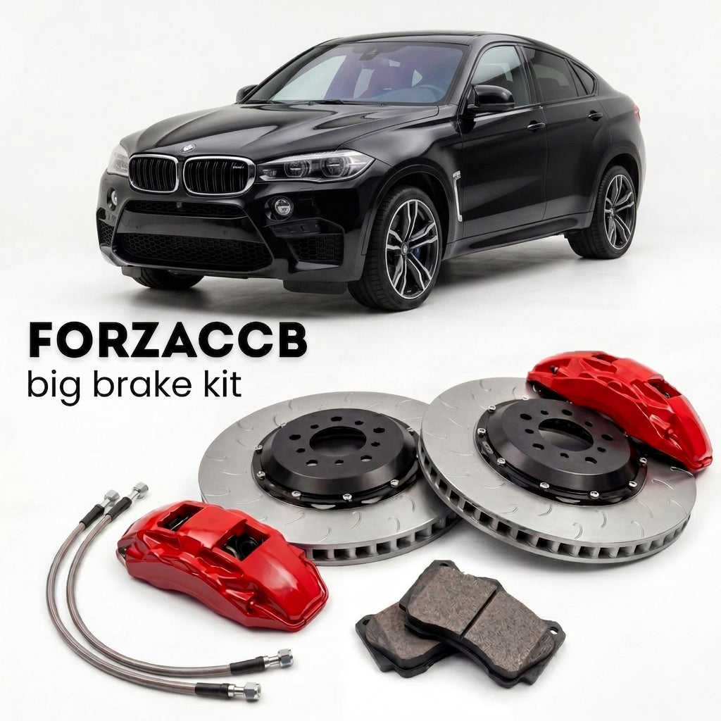 Black BMW X6 M F86 (2015-2019) shown above a ForzaCCB iron rotor big brake kit with 2x red 6-piston front calipers, 2x two-piece floating ventilated brake discs 380 mm, set of brake pads, and brake lines.