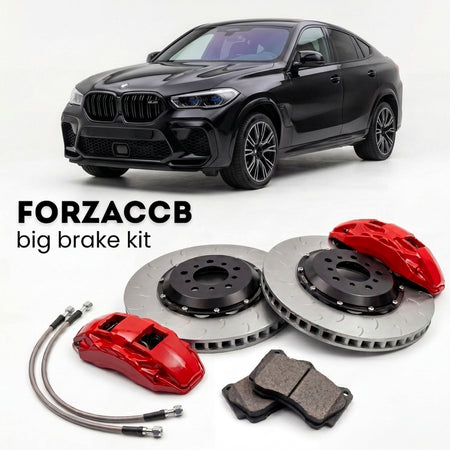 Black BMW X6 M F96 (2019+) shown above a ForzaCCB iron rotor big brake kit with 2x red 6-piston front calipers, 2x two-piece floating ventilated brake discs 380 mm, set of brake pads, and brake lines.