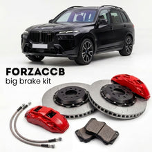 Black BMW X7 M60i G07 (2023+) shown above a ForzaCCB iron rotor big brake kit with 2x red 6-piston front calipers, 2x two-piece floating ventilated brake discs 380 mm, set of brake pads, and brake lines.
