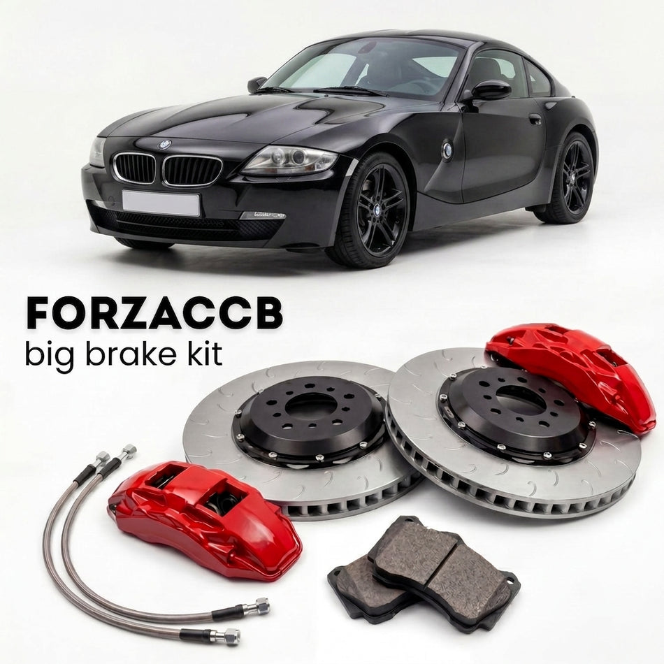 Black BMW Z4 E85/E86 (2002-2008) shown above a ForzaCCB iron rotor big brake kit with 2x red 6-piston front calipers, 2x two-piece floating ventilated brake discs 380 mm, set of brake pads, and brake lines.