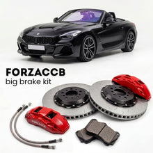 Black BMW Z4 G29 (2019+) shown above a ForzaCCB iron rotor big brake kit with 2x red 6-piston front calipers, 2x two-piece floating ventilated brake discs 380 mm, set of brake pads, and brake lines.