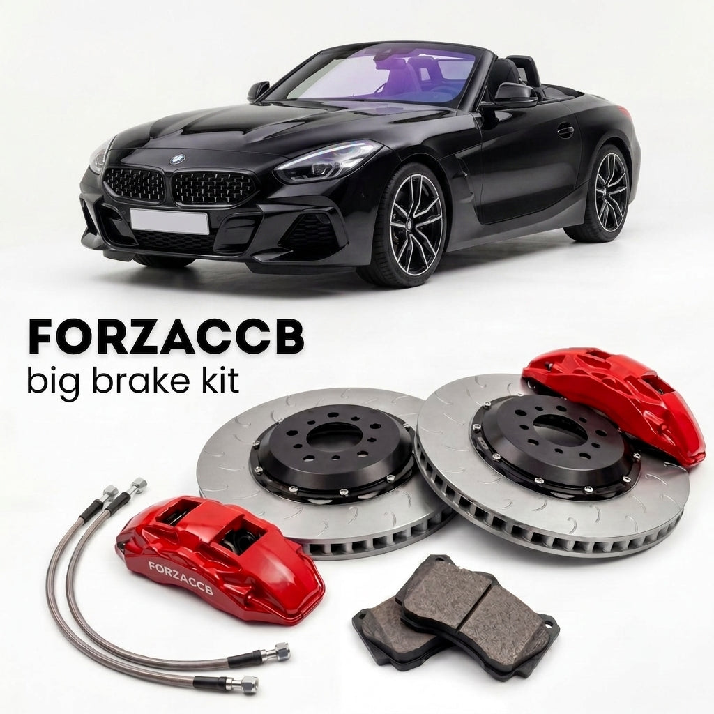 Black BMW Z4 G29 (2019+) shown above a ForzaCCB iron rotor big brake kit with 2x red 6-piston front calipers, 2x two-piece floating ventilated brake discs 380 mm, set of brake pads, and brake lines.