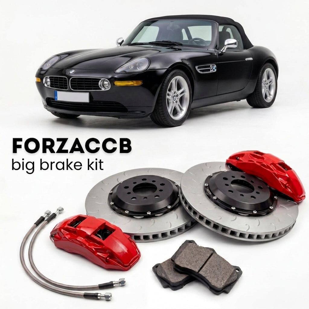Black BMW Z8 Roadster E52 (2000-2003) shown above a ForzaCCB iron rotor big brake kit with 2x red 6-piston front calipers, 2x two-piece floating ventilated brake discs 380 mm, set of brake pads, and brake lines.