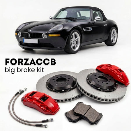 Black BMW Z8 Roadster E52 (2000-2003) shown above a ForzaCCB iron rotor big brake kit with 2x red 6-piston front calipers, 2x two-piece floating ventilated brake discs 380 mm, set of brake pads, and brake lines.