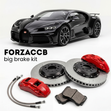 Black Bugatti Bolide (2021+) shown above a ForzaCCB iron rotor big brake kit with 2x red 6-piston front calipers, 2x two-piece floating ventilated brake discs 380 mm, set of brake pads, and brake lines.