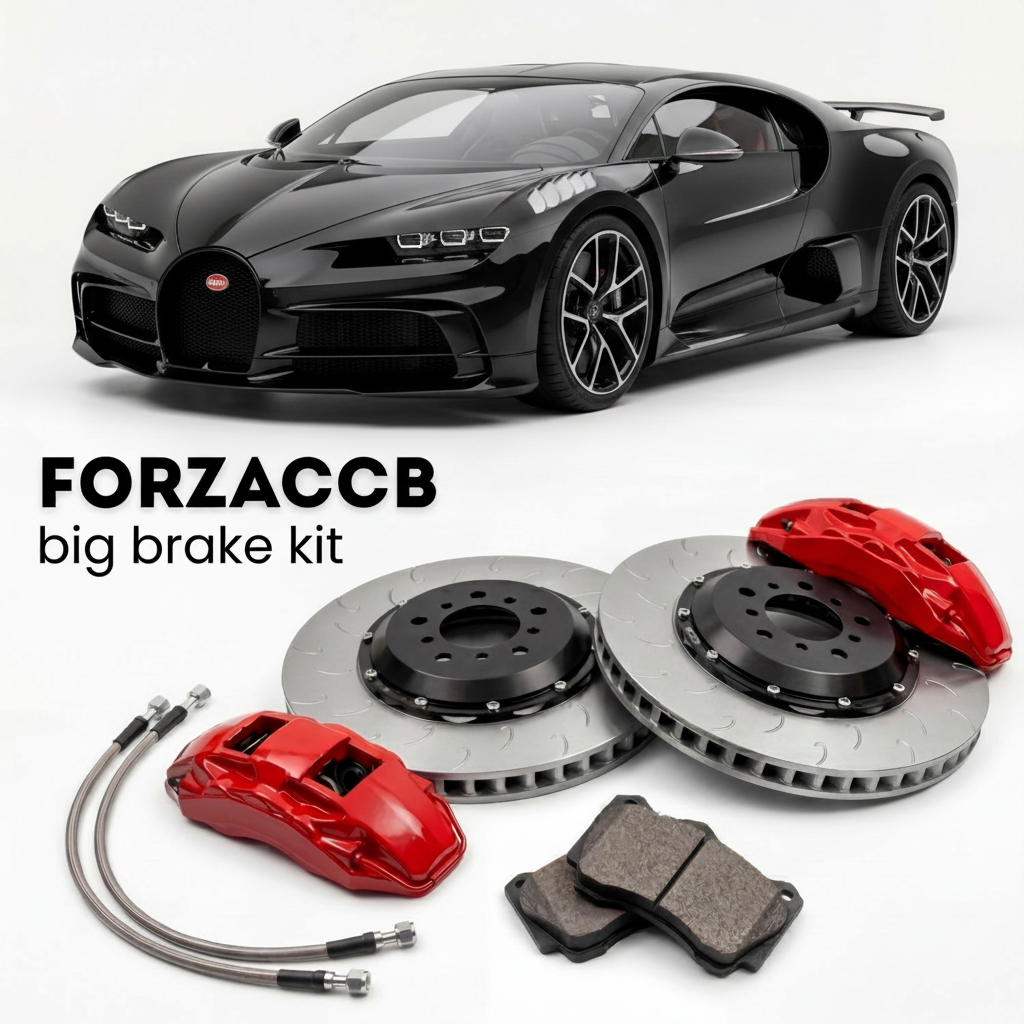Black Bugatti Centodieci (2022-2022) shown above a ForzaCCB iron rotor big brake kit with 2x red 6-piston front calipers, 2x two-piece floating ventilated brake discs 380 mm, set of brake pads, and brake lines.
