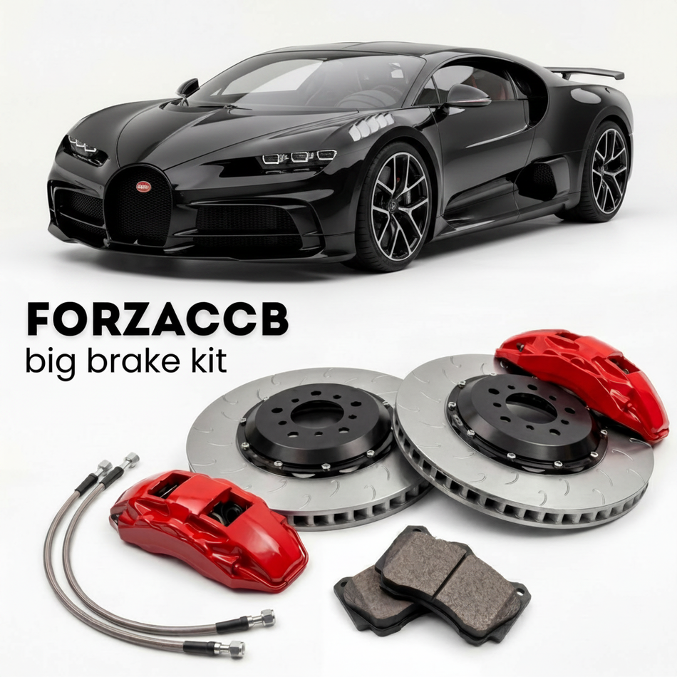 Black Bugatti Centodieci (2022-2022) shown above a ForzaCCB iron rotor big brake kit with 2x red 6-piston front calipers, 2x two-piece floating ventilated brake discs 380 mm, set of brake pads, and brake lines.