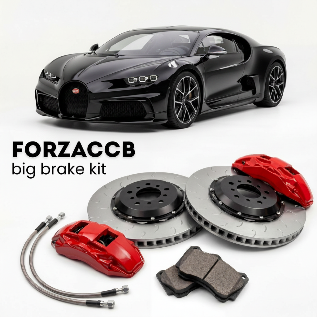Black Bugatti Divo (2018+) shown above a ForzaCCB iron rotor big brake kit with 2x red 6-piston front calipers, 2x two-piece floating ventilated brake discs 380 mm, set of brake pads, and brake lines.