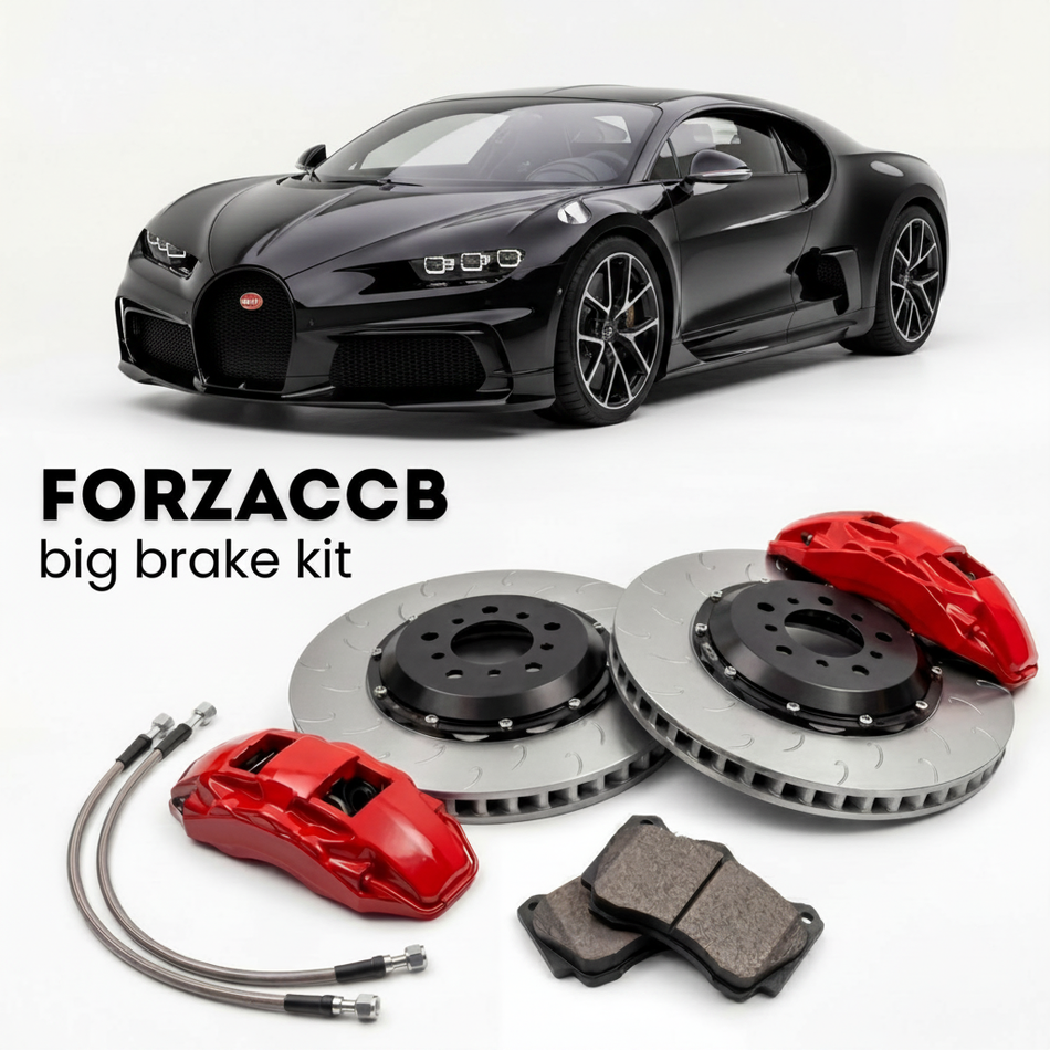 Black Bugatti Divo (2018+) shown above a ForzaCCB iron rotor big brake kit with 2x red 6-piston front calipers, 2x two-piece floating ventilated brake discs 380 mm, set of brake pads, and brake lines.