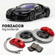 Black Bugatti Tourbillon (2026+) shown above a ForzaCCB iron rotor big brake kit with 2x red 6-piston front calipers, 2x two-piece floating ventilated brake discs 380 mm, set of brake pads, and brake lines.