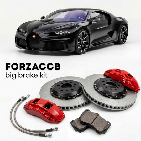Black Bugatti Tourbillon (2026+) shown above a ForzaCCB iron rotor big brake kit with 2x red 6-piston front calipers, 2x two-piece floating ventilated brake discs 380 mm, set of brake pads, and brake lines.