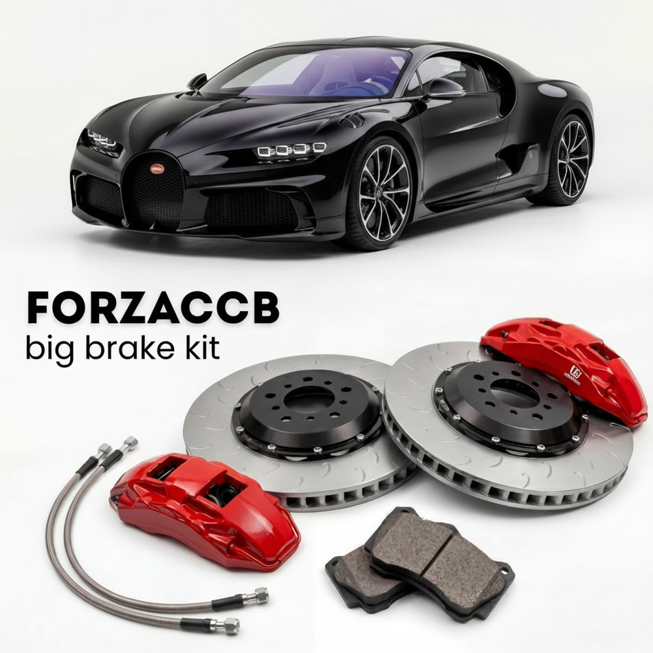 Black Bugatti Tourbillon (2026+) shown above a ForzaCCB iron rotor big brake kit with 2x red 6-piston front calipers, 2x two-piece floating ventilated brake discs 380 mm, set of brake pads, and brake lines.