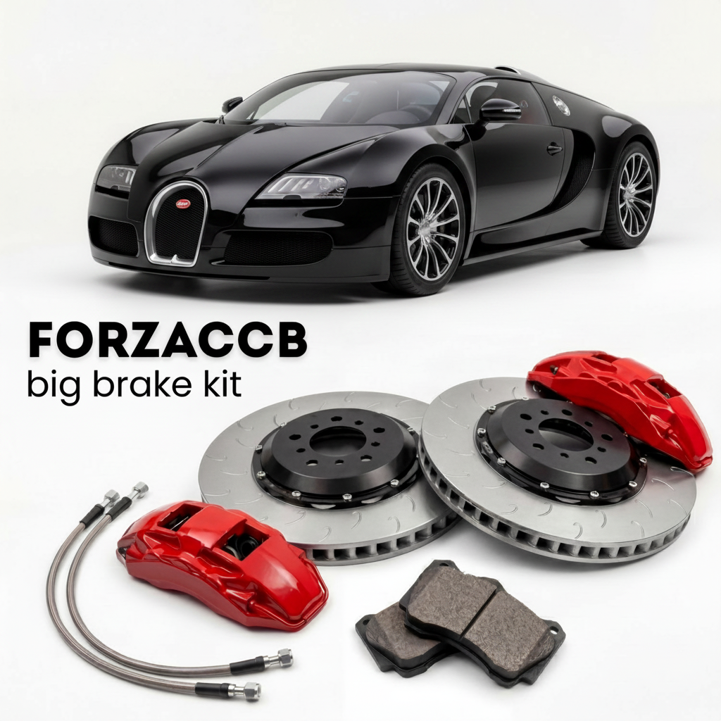 Black Bugatti Veyron Coupe (2005-2011) shown above a ForzaCCB iron rotor big brake kit with 2x red 6-piston front calipers, 2x two-piece floating ventilated brake discs 380 mm, set of brake pads, and brake lines.