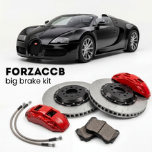 Black Bugatti Veyron Targa (2009-2015) shown above a ForzaCCB iron rotor big brake kit with 2x red 6-piston front calipers, 2x two-piece floating ventilated brake discs 380 mm, set of brake pads, and brake lines.