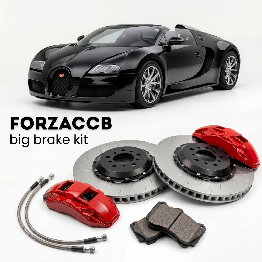Black Bugatti Veyron Targa (2009-2015) shown above a ForzaCCB iron rotor big brake kit with 2x red 6-piston front calipers, 2x two-piece floating ventilated brake discs 380 mm, set of brake pads, and brake lines.
