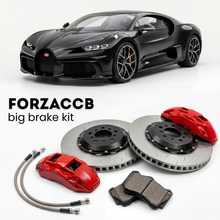 Black Bugatti W16 Mistral (2024-2025) shown above a ForzaCCB iron rotor big brake kit with 2x red 6-piston front calipers, 2x two-piece floating ventilated brake discs 380 mm, set of brake pads, and brake lines.