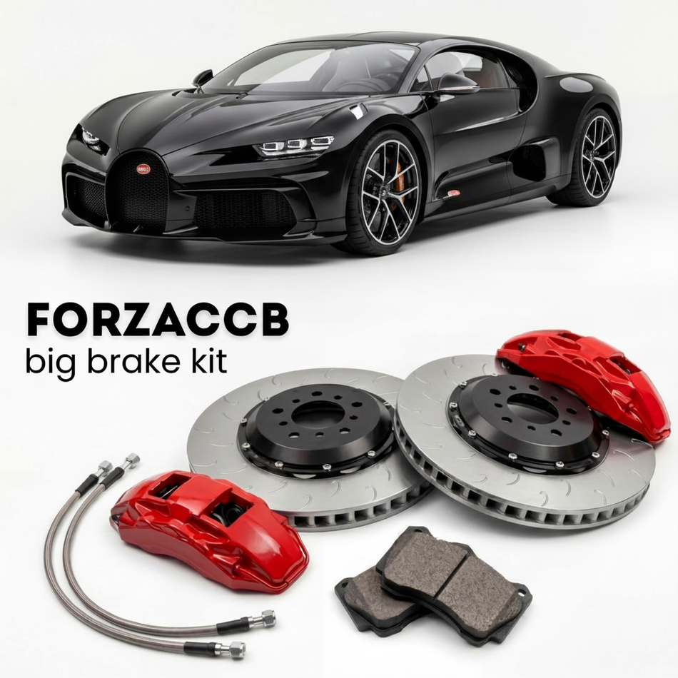 Black Bugatti W16 Mistral (2024-2025) shown above a ForzaCCB iron rotor big brake kit with 2x red 6-piston front calipers, 2x two-piece floating ventilated brake discs 380 mm, set of brake pads, and brake lines.