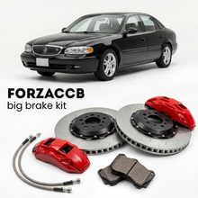 Black Buick Century W (2005-2005) shown above a ForzaCCB iron rotor big brake kit with 2x red 6-piston front calipers, 2x two-piece floating ventilated brake discs 380 mm, set of brake pads, and brake lines.