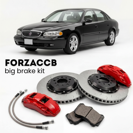 Black Buick Century W (2005-2005) shown above a ForzaCCB iron rotor big brake kit with 2x red 6-piston front calipers, 2x two-piece floating ventilated brake discs 380 mm, set of brake pads, and brake lines.