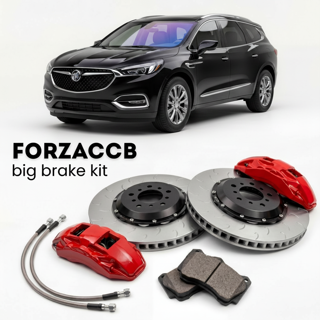 Black Buick Enclave II (2017-2021) shown above a ForzaCCB iron rotor big brake kit with 2x red 6-piston front calipers, 2x two-piece floating ventilated brake discs 380 mm, set of brake pads, and brake lines.