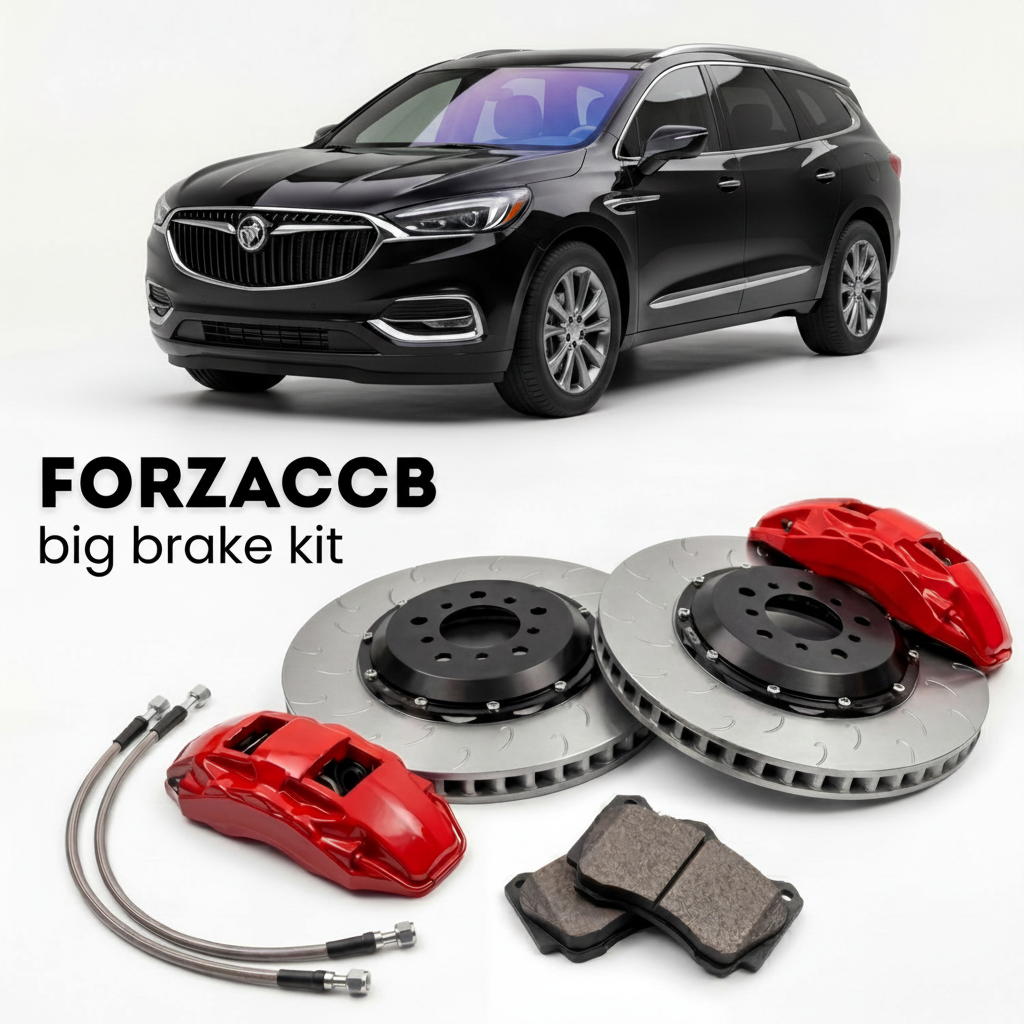Black Buick Enclave III (2024+) shown above a ForzaCCB iron rotor big brake kit with 2x red 6-piston front calipers, 2x two-piece floating ventilated brake discs 380 mm, set of brake pads, and brake lines.