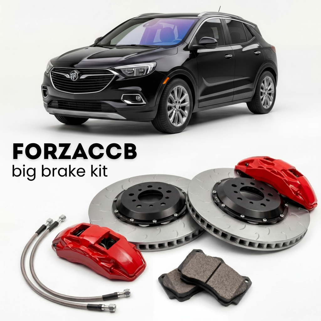 Black Buick Encore GX I (2019-2023) shown above a ForzaCCB iron rotor big brake kit with 2x red 6-piston front calipers, 2x two-piece floating ventilated brake discs 380 mm, set of brake pads, and brake lines.