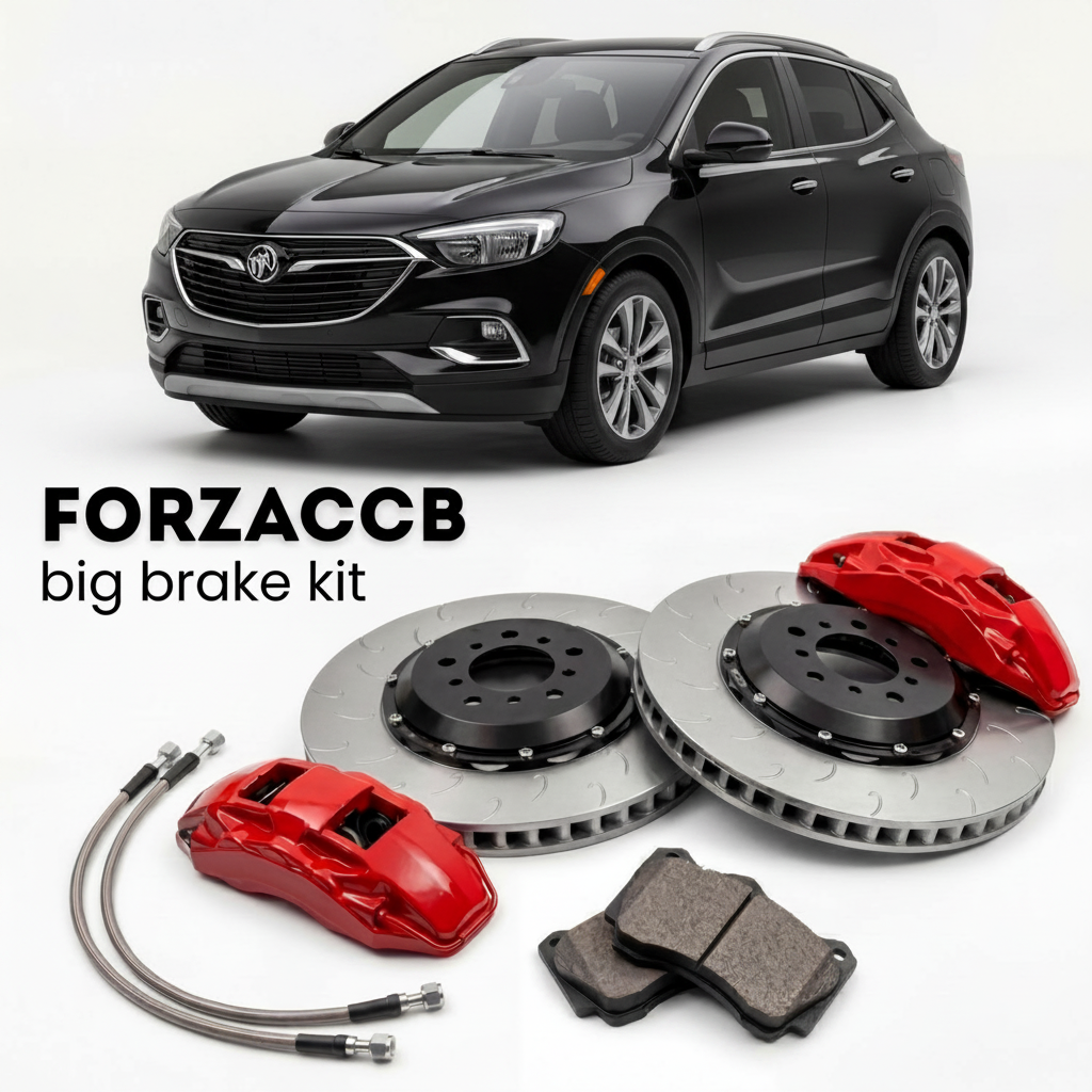 Black Buick Encore GX facelift 2023) (2023+ (I) shown above a ForzaCCB iron rotor big brake kit with 2x red 6-piston front calipers, 2x two-piece floating ventilated brake discs 380 mm, set of brake pads, and brake lines.